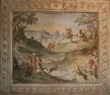 Scena di caccia. Particolare parete est dello studiolo.