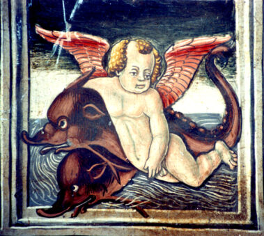 Amorini su pesci. Affresco XV sec. Particolare del fregio. Sala volta ribassata.